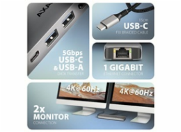 AXAGON HMC-7HX2, USB 5Gbps hub, 2x USB-A, USB-C, 2x HDMI 4k/60Hz, RJ-45 GLAN, PD 100W, kabel USB-C 15cm