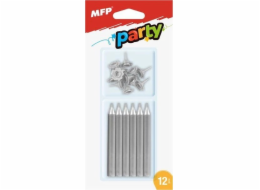 MFP Stříbrné MFP dortové svíčky, 12 ks + 12 ks držáky