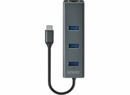 Savio AK-57 USB-C - 3 x USB-A HUB s adaptérem RJ-45 Gigabit Ethernet, 5000 Mbit/s, šedý
