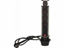 Zásuvka Orno Furniture, 3x250V AC, výsuvná z pracovní desky, s USB nabíječkou, zámkem a 1,8m kabelem