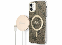 Guess Charger Set Guess pouzdro + bezdrátová nabíječka GUBPN61H4EACSW Apple iPhone 11 hnědé/hnědé pevné pouzdro 4G Print MagSafe