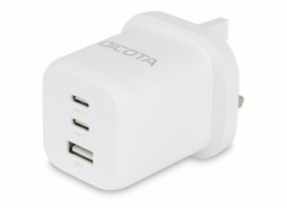 DICOTA - Síťový adaptér - kompaktní, GaN - 65 Watt - 5 A - PD 3.0 - 3 výstupní konektory (2 x USB-C, USB) - bílá - Velká Británie