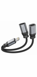 Swissten nabíjecí audio adaptértextile lightning (samec) / 2x lightning (samice) 0,12 m černý