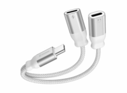 SWISSTEN NABÍJECÍ AUDIO ADAPTÉR TEXTILE USB-C (samec) / 2x USB-C (samice) 0,12 M BÍLÝ