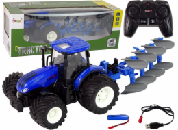 Traktor LeanToys na dálkové ovládání 1:24 modrý pluh kovový