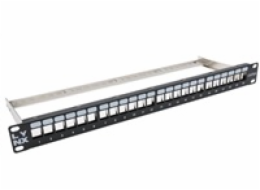 LYNX Patch panel, 19  , 24 portů, 1U, Cat5e/6/6A/7, neosazený, stíněný, vyvazovák, černý