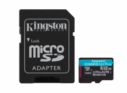 Kingston MicroSDXC karta 512GB Canvas Go! Plus, R:200/W:160MB/s, Class 10, UHS-I, U3, V30, A2 + Adaptér