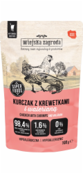WIEJSKA ZAGRODA Kuře s krevetami a kozlíkem lékařským – mokré krmivo pro kočky – 100g