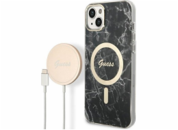 Guess nabíječka Guess pouzdro + sada bezdrátové nabíječky GUBPP14SHMEACSK Apple iPhone 14 černý / černý pevný obal Marble MagSafe