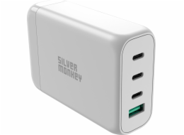 Stříbrná nabíječka Monkey Stříbrná nabíječka Monkey SMA152 GaN 130W 3xUSB-C PD USB-A QC 3.0 s odnímatelným napájecím kabelem – bílá