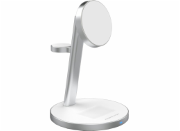 Nabíječka Mobile Origin Qi2 PowerStand 3v1 s GAN adaptérem 35W, bílá/stříbrná