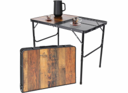 vidaXL SKLÁDACÍ KEMPINGOVÝ STŮL 90X60X36-68CM OCELOVÁ SÍŤOVANÁ DŘEVO