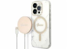 Guess nabíječka Guess pouzdro + sada bezdrátové nabíječky GUBPP14LHMEACSH Apple iPhone 14 Pro bílé / bílé pevné pouzdro Marble MagSafe