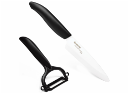 KYOCERA keramický nůž na ovoce a zeleninu s bílou čepelí 11 cm, černá rukojeť + škrabka na ovoce a zeleninu