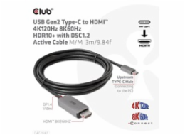 BAZAR - Club3D kabel USB-C na HDMI, 4K120Hz 8K60Hz HDR10 s DSC1.2, Aktivní kabel, M/M, 3m - Poškozený obal (Komplet)