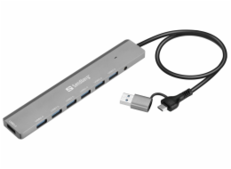Sandberg USB-C/A na 7× USB-A Hub, hliníkový rozbočovač se 7× USB 3.0 porty, černá