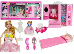 LeanToys Panenka s oblečením, šatní skříň, nábytek do pokoje, šatní skříň, postel, příslušenství