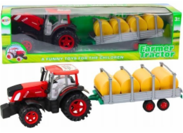 LeanToys Velký zemědělský traktor s přívěsem a balíky sena, červený
