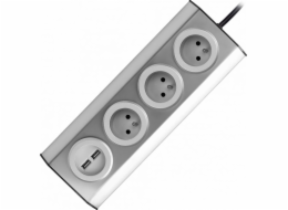 Orno Nábytek, kuchyňská zásuvka s USB nabíječkou, montáž suchým zipem s kabelem 1,5m - 3x2P+Z, 2xUSB, INOX s kabelem 1,5m.