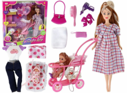 LeanToys Sada pro panenku Lucy s dlouhými hnědými vlasy a těhotnou kočárkem