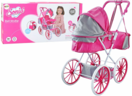 LeanToys Kočárek pro panenky s kovovou taškou a velkými kolečky, růžový