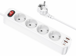 Hoco Prodlužovací kabel HOCO 4 zásuvky + 2 x USB A + Type-C PD QC3.0 3A 20W NS1 1,8 m bílý