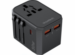Choetech Univerzální cestovní nabíječka USB-C 2x USB-A PD 30W zástrčky USA EU UK AU černá Univerzální cestovní nabíječka USB-C 2x USB-A PD 30W zástrčky USA EU UK AU černá