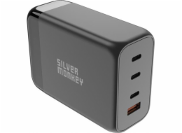 Silver Monkey Nabíječka GaN SMA155 200W 3xUSB-C PD USB-A QC 3.0 s odnímatelným napájecím kabelem - černá