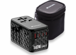 Verbatim USB adaptér Cestovní adaptér Verbatim EU/UK/US GaN USB-A/3xUSB-C PD 140W UTA-10 černý/černý 32125