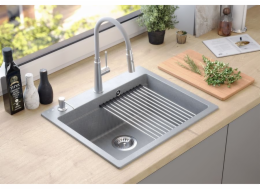 Steiner KURT 110 WORKSTATION GraniteQ dřez měkká taupe 1-dřezová miska s/bez (59,5x50x21,5) se sifonem a dávkovačem + podložka Qmat + deska