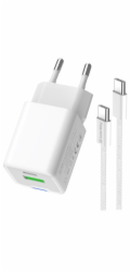 COLORWAY 1x USB-C/ 1x USB-A/ síťová nabíječka/ GaN/ PD/ PPS/ 20W/ Bílá + 1x USB-C kabel