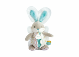 Doudou Hračka zajíček s chrastítkem a úchytem na dudlík 21 cm tyrkysová