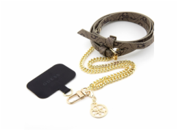 Guess Crossbody Popruh PU 4G Chain with Charm Gold/Brown Guess popruh s řetízkem a univerzálním upevněním telefonu pod zadní kryt. Jednoduše vložte Guess vložku s povrchem z mikroplyše pod kryt a nec