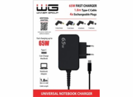 WG - Univerzální nabíječka 65W pro notebook s Type-C konektorem, + 4 adaptéry, kabel 1,8 metrů 

