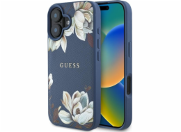 Guess Pouzdro MagSafe s potiskem květinového vzoru pro iPhone 16 modré