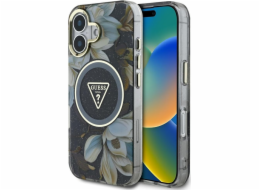 Guess Pouzdro Glitter Flowers Triangle Buttons MagSafe pro iPhone 16 černé