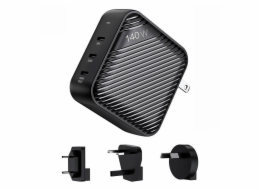 Nástěnná nabíječka INVZI GanHub 3x USB-C, 140 W, EU/UK/AU/USA (černá)