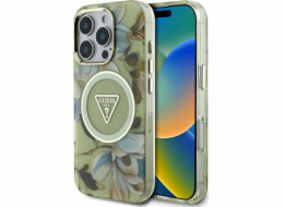 Guess Pouzdro Glitter Flowers Triangle Buttons MagSafe pro iPhone 16 Pro zelené