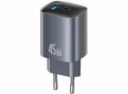 USAMS T66 45W CC290 GaN Rychlonabíječka do zásuvky 1xUSB-A 1xUSB-C stříbrná