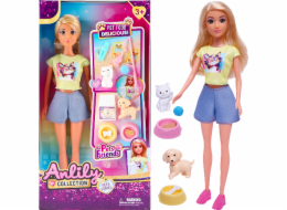 Panenka s kočkou, pejskem a dvěma miskami