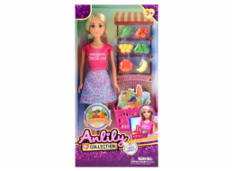 Panenka s nákupním košíkem a prodejnou ovoce a zeleniny