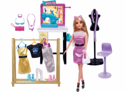 Módní návrhářka s šicím strojem a 25 doplňky