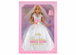 Módní panenka v bílých svatebních šatech s kyticí