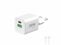 WG - Síťová nabíječka GaN 2x USB 30W, 1x USB-C PD3.0 PPS QC4 30W + USB-A 18W, kabel Type-C na Type-C, bílá