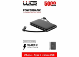 WG - Power Bank 5000 mAh, kabel Micro USB + Type-C + adaptér Lightning, černá