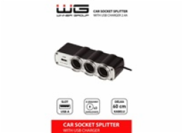 WG - Nabíječka do auta,  rozbočovač, 3x zásuvka zapalovače 12V + 1x USB-A, s prodloužením