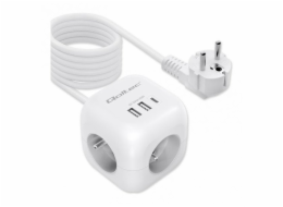 Qoltec Prodlužovací kabel 6 v 1 s podsvíceným vypínačem | 3x klimatizace | 2x USB | 1x USB-C PD 20W | bílá 2m kabel