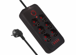 Maclean Prodlužovací kabel MCE389 B, 6 zásuvek, 4xUSB-A, 1xUSB-C, 110-240V AC 50/60Hz, 2,1A max. 2500W, černý