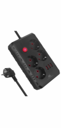 Maclean Prodlužovací kabel MCE392 B, 4 zásuvky, 3xUSB, 110-240V AC 50/60Hz, 2,1A max. 2500W, 1,5m černý