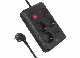 Maclean Prodlužovací kabel MCE393 B, 4 zásuvky, 3xUSB, 110-240V AV 50/60Hz, 1A max. 2500W, 3m, černá